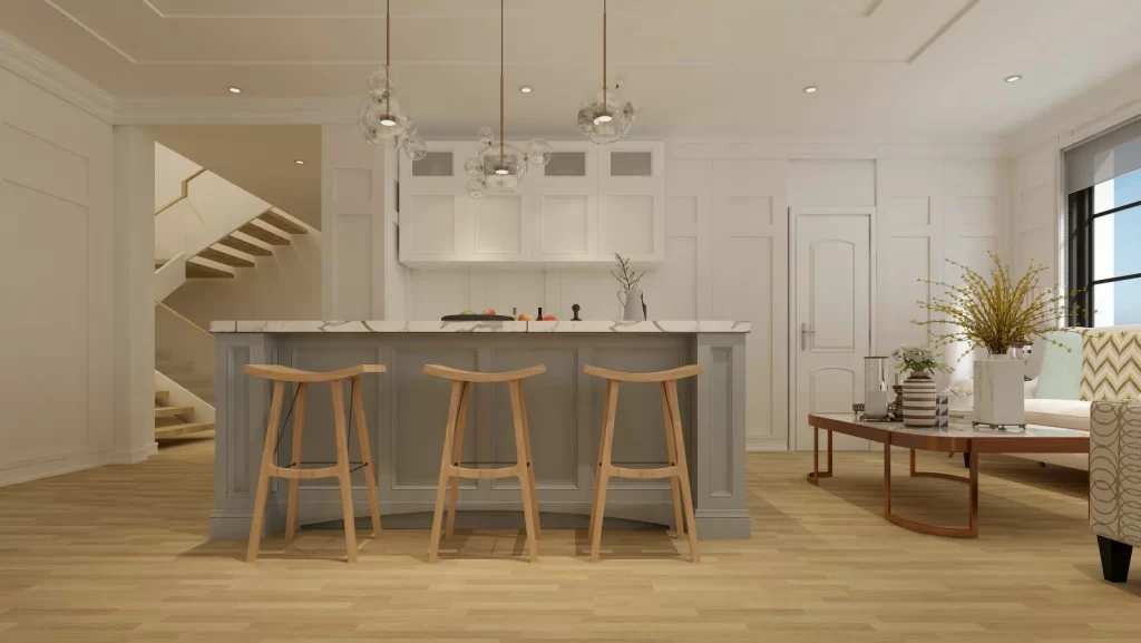 center kitchen island with sitting chairs and wooden flooring
