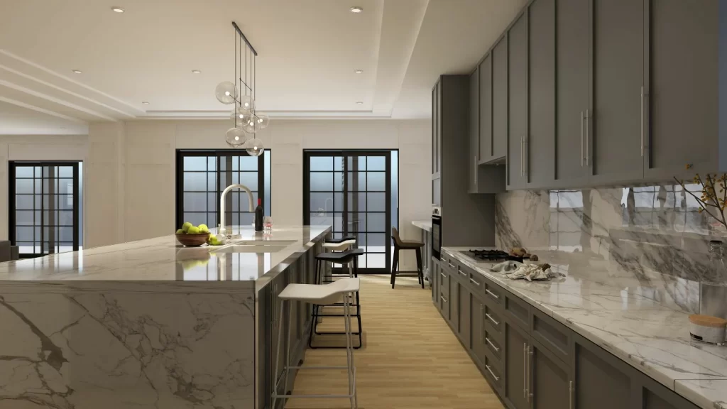 grey kitchen with grey island and countertop and grey cabinets