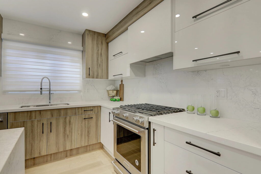 kitchen wooden cabinets with white ceramic countertop